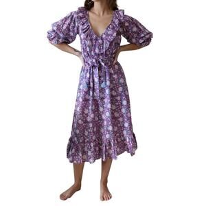 MILLE June Midi Dress Purple Rose Floral Ruffle Cotton Puff Sleeve Peasant